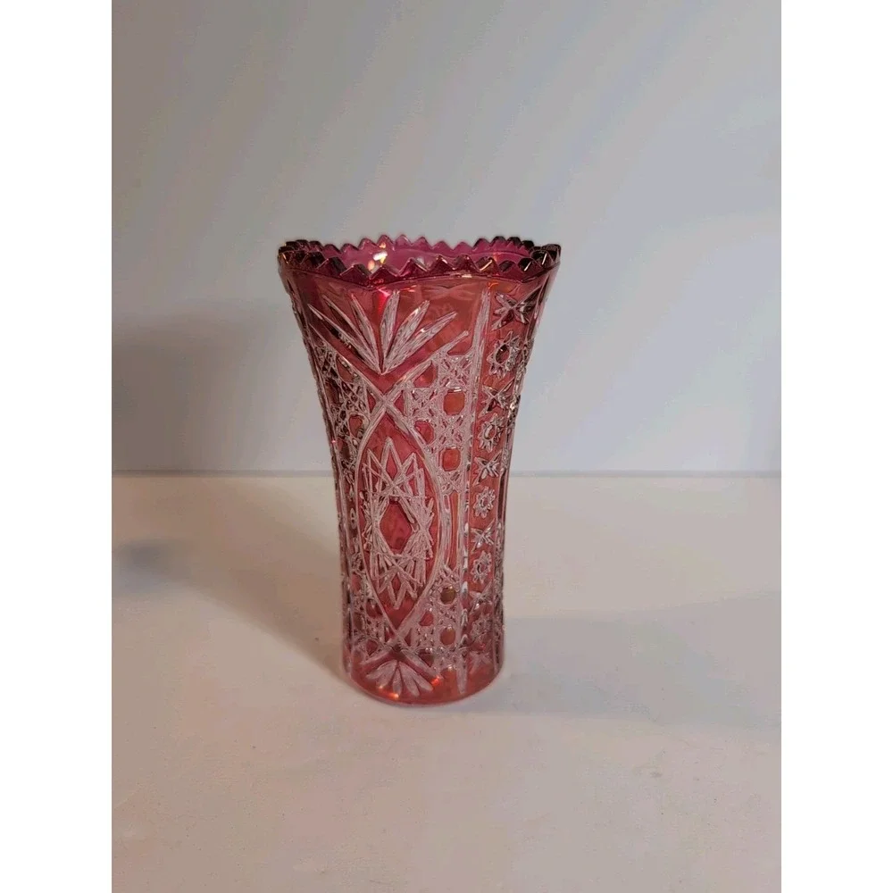 Crystal D'Arques Ruby‎ Kiriko Vase Cut Glass Decorative Base Used